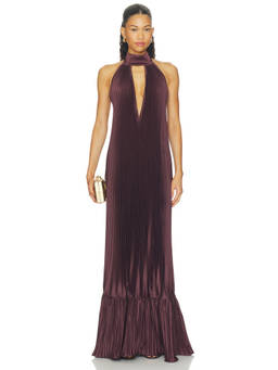 L'IDEE - Libertie Women's Pleated Cut-Out Maxi Gown Burgundy