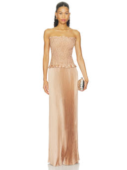 L'IDEE - Plisse Women's Smocked Strapless Maxi Gown Beige