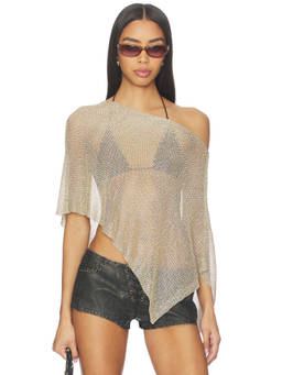 LIONESS - Luminous Women's Sheer Mesh Asymmetric Poncho Gold