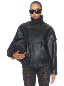 LIONESS - Rogue Women's Faux Leather Belted Bomber Jacket Black
