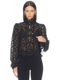 LIONESS - Eyelet Lace Women's Frog Closure Mock Neck Blouse Black