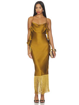 LPA - Vivian Women's Satin Cowl Neck Fringe Trim Midi Dress Gold