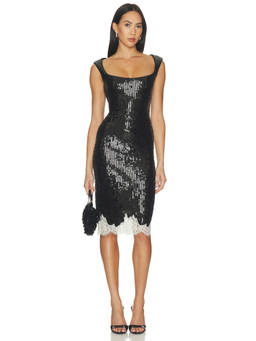 LPA - Jia Women's Sequin Embellished Lace Trim Midi Dress Black
