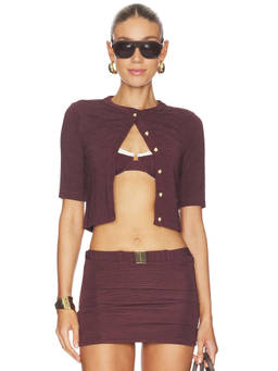 La Porte - Jacquard Women's Button-Up Crop Cardigan Burgundy