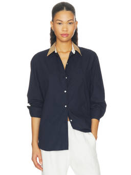 LESET - Contrast Classic Women's Cotton Button-Down Shirt Navy Blue