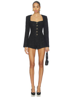 MAJORELLE - Selene Tweed Women's Square Neck Boucle Romper Black