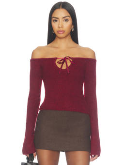 MAJORELLE - Eve Women's Off Shoulder Tie-Up Knit Top Maroon