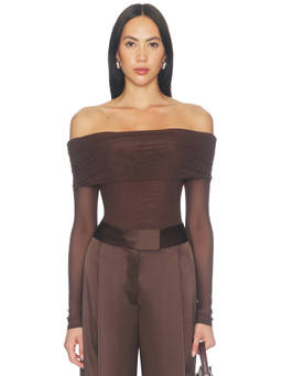 MAJORELLE - Trey Women's Off Shoulder Mesh Bodysuit Brown