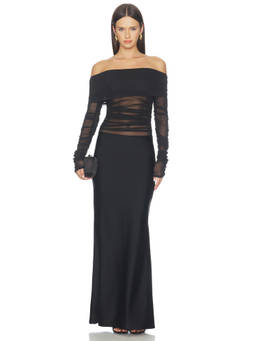 Mariandree Gaitan - Ruched Mesh Women's Off Shoulder Maxi Dress Black