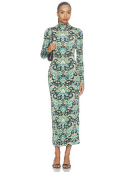 MISA Los Angeles - Mitra Women's Printed Mock Neck Jersey Midi Dress Green