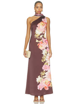 MISA Los Angeles - Satin Women's Floral One-Shoulder Maxi Dress Brown