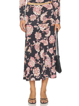 MISA Los Angeles - Jada Women's Floral Print Pull-On Midi Skirt Black