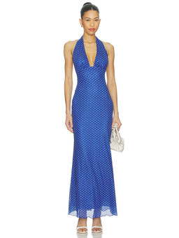MORE TO COME - Charly Women's Polka Dot Plunging Halter Neck Maxi Dress Blue