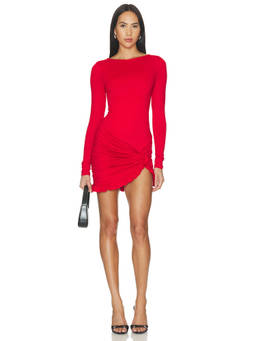 MORE TO COME - Josie Women's Ruched Ruffle Hem Bodycon Mini Dress Red
