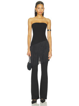 MORE TO COME - Fringe Women's Strapless Asymmetric Hem Corset Top Black