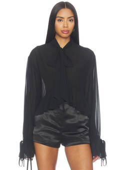 MORE TO COME - Hope Tie Front Women's V-Neck Tie-Up Chiffon Blouse Black