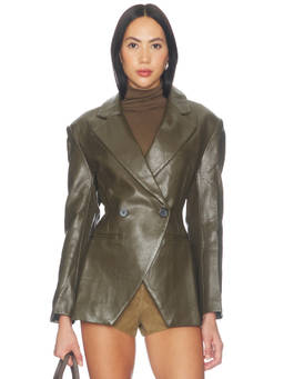 MADISON THE LABEL - Layla Women's Tailored Faux Leather Blazer Olive