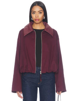 MADISON THE LABEL - Jayda Women's Zippered Faux Leather Trim Bomber Jacket Maroon