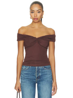 MADISON THE LABEL - Anouk Women's Off Shoulder Twisted Front Jersey Top Brown