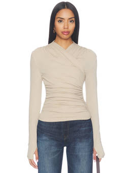 MADISON THE LABEL - Adalia Women's Ruched Wrap Neck Jersey Top Beige