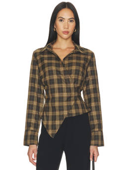 MADISON THE LABEL - Millie Women's Plaid Wrap Snap Button Shirt Brown