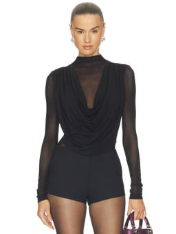 MADISON THE LABEL - Grace Women's Ruched Semi-Sheer Mesh Jersey Top Black