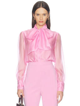 Nadine Merabi - Organza Women's Semi-Sheer Bow Tie Neck Bodysuit Pink
