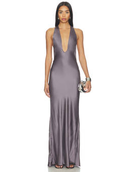 NBD - Pushpa Women's Plunging Neck Satin Maxi Gown Grey