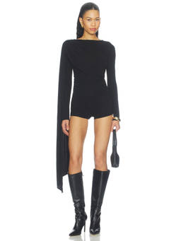 NBD - Mesh Women's Ruched Draped Scarf Detail Playsuit Black