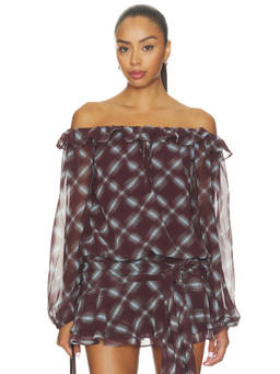 NIA - Lucero Women's Plaid Off-Shoulder Tie-Up Blouse Maroon
