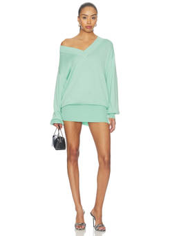 NIIHAI - Deep Women's V-Neck Ribbed Trim Pullover Sweater Green