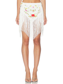 NIIHAI - Floral Applique Women's Fringe Hem Mini Skirt White