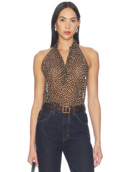 NILI LOTAN - Women's Sheer Halter Neck Sleeveless Silk Blouse Brown