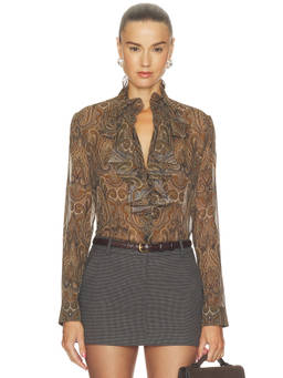 NILI LOTAN - Ruffled Women's Semi-Sheer Silk Georgette Blouse Brown