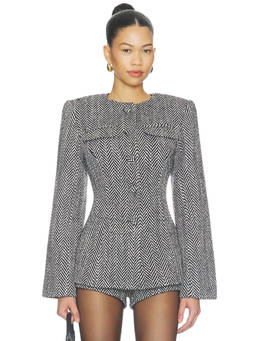 Naked Wardrobe - Suiting Herringbone Women's Sculpted Tweed Blazer Black