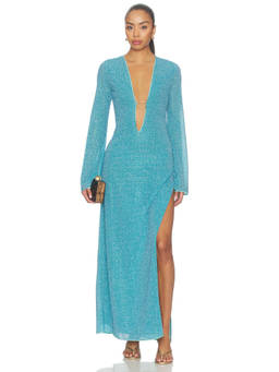 Oseree - Lumiere Women's Metallic Plunging Neck Maxi Kaftan Blue