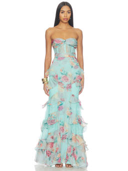 PatBO - Flora Mist Women's Floral Ruffled Strapless Maxi Dress Aqua