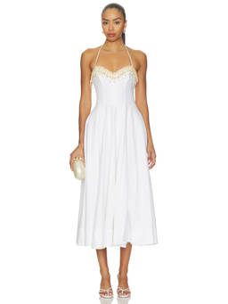 PatBO - Meadow Linen Women's Halter Neck Embellished Midi Dress White
