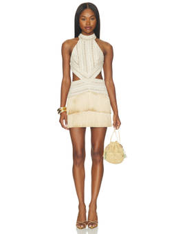 PatBO - Petal Fringe Women's Halter Cut-Out Mini Dress Cream