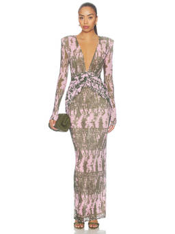 PatBO - Botanic Stripe Women's Ruched Plunging Maxi Dress Multi-Color