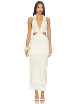 PatBO - Ayla Women's Halter Neck Fringe Trim Maxi Dress Off White