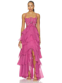 PatBO - Chiffon Carmen Lotus Women's Beaded Ruffled Maxi Dress Pink