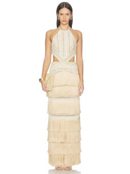 PatBO - Petal Fringe Women's Halter Neck Embellished Maxi Dress Beige
