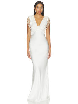 PatBO - Satin Embellished Women's Padded Shoulder Maxi Dress White