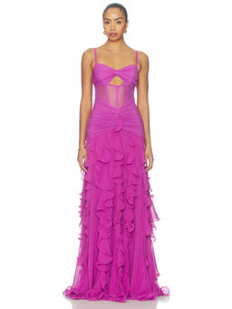 PatBO - Gloria Women's Ruched Cut-Out Ruffled Maxi Dress Magenta