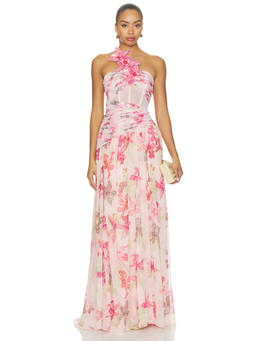 PatBO - Orchid Bloom Women's Floral One Shoulder Corset Maxi Dress Pink