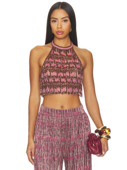 PatBO - Rose Mirage Women's Beaded Fringe Halter Neck Crop Top Pink