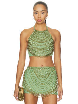 PatBO - Linea Women's Beaded Ruched Halter Neck Crop Top Green
