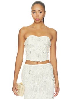 PatBO - Pearl Mesh Women's Beaded Strapless Crop Top White