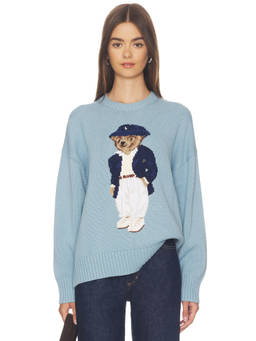 POLO RALPH LAUREN - Cotton Bear Women's Embroidered Crew Neck Pullover Sweater Blue